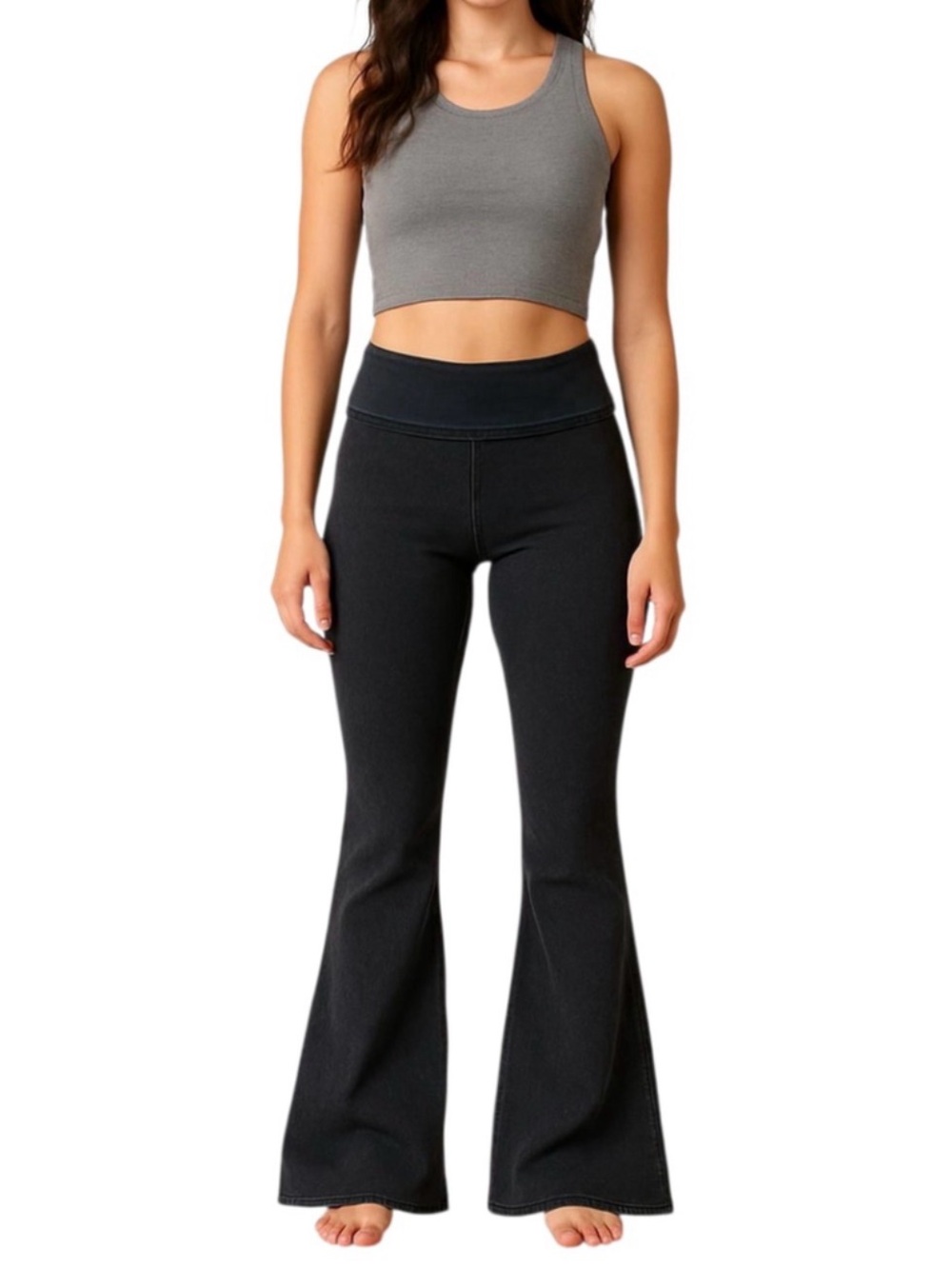 Offline by Aerie Black OG Super Flare Fold Over HiRise Pant L Short Y2K Yoga